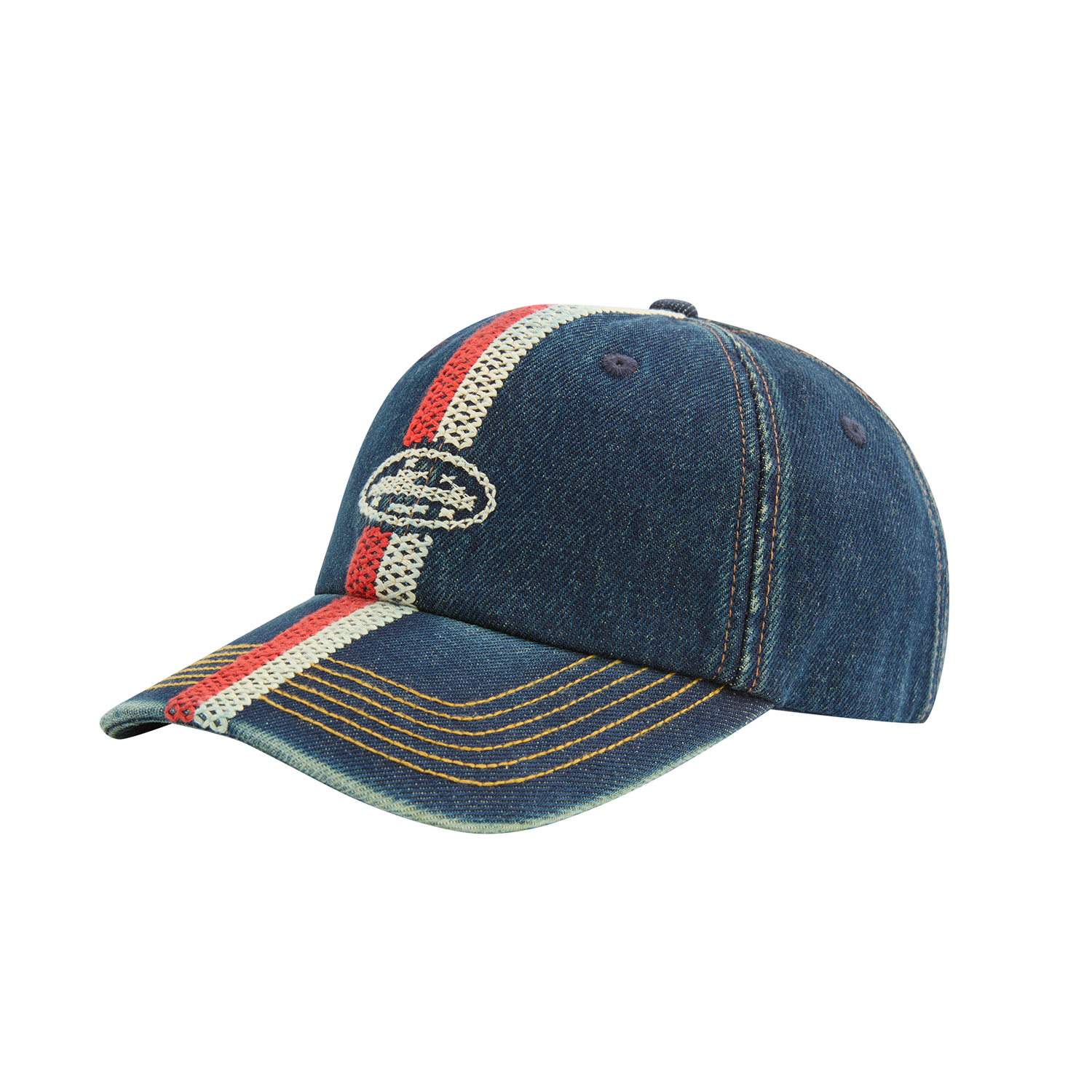 CROSS-STITCH DENIM CAP [WASHED INDIGO]